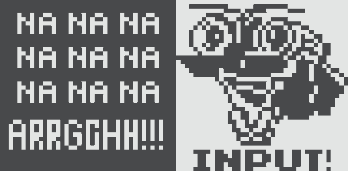 A pixel art meme of a screaming face with text 'HA HA HA HA HA HA HA HA ARRRGGHH!!!' and 'INPUT!' below.
