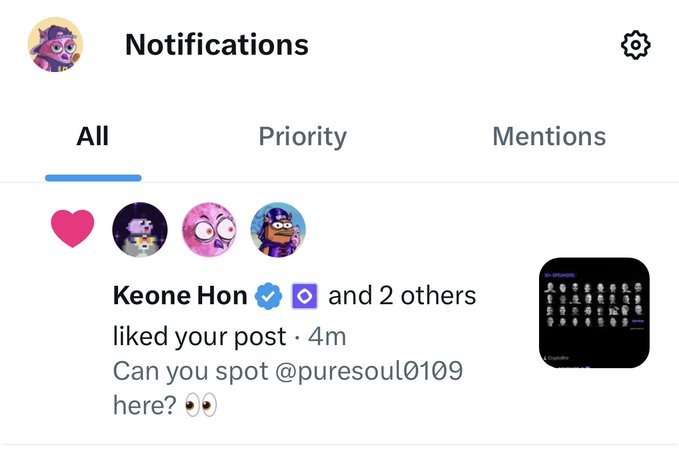 A notifications screen showing that Keone Hon and 2 others liked a post, with the message 'Can you spot @puresoul0109 here?'