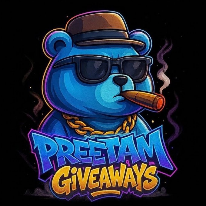 A cartoon blue bear wearing sunglasses, a hat, and a gold chain smokes a cigar above bold graffiti-style text reading "PREETAM GIVEAWAYS," matching the promotional giveaway announcement below.