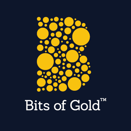 Bits of Gold logo featuring a yellow 'B' composed of circles/dots on a dark navy background with a trademark symbol.