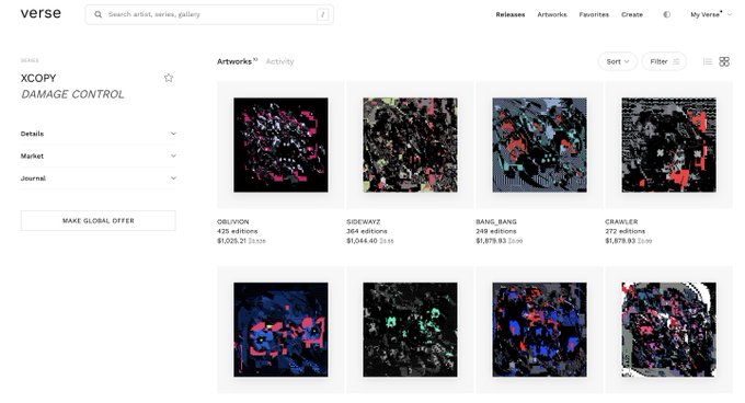A screenshot of the Verse digital art platform showing the 'XCOPY - DAMAGE CONTROL' artwork collection, featuring pieces like 'OBLIVION' (1,025.21 ETH), 'SIDEWAYS' (1,044.40 ETH), 'BANG, BANG' (1,819.93 ETH), and 'CRAWLER' (1,079.93 ETH).