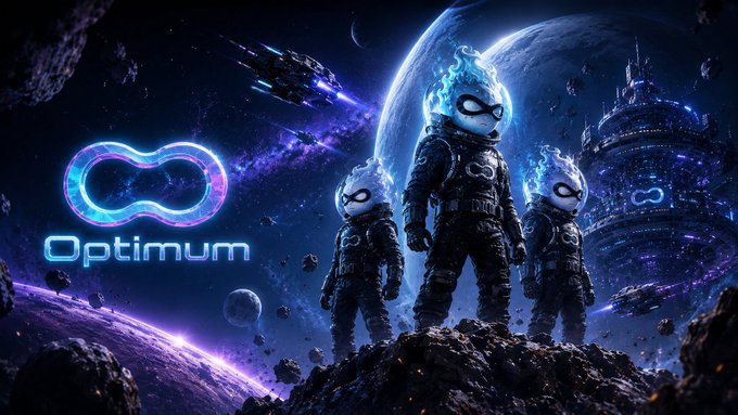 A sci-fi style promotional image featuring three astronaut-like figures with glowing blue flame heads, set against a space backdrop with planets and a futuristic city. The word "Optimum" appears in neon blue text with an infinity-style logo.