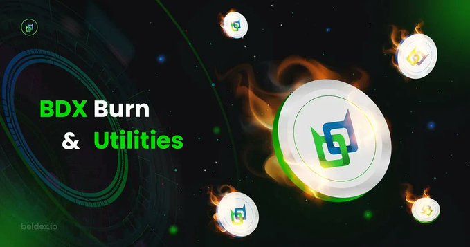 A promotional graphic for "BDX Burn & Utilities" featuring multiple flaming coin icons with a green and blue logo, set against a dark background with green accents, marked with 'beldex.io'.