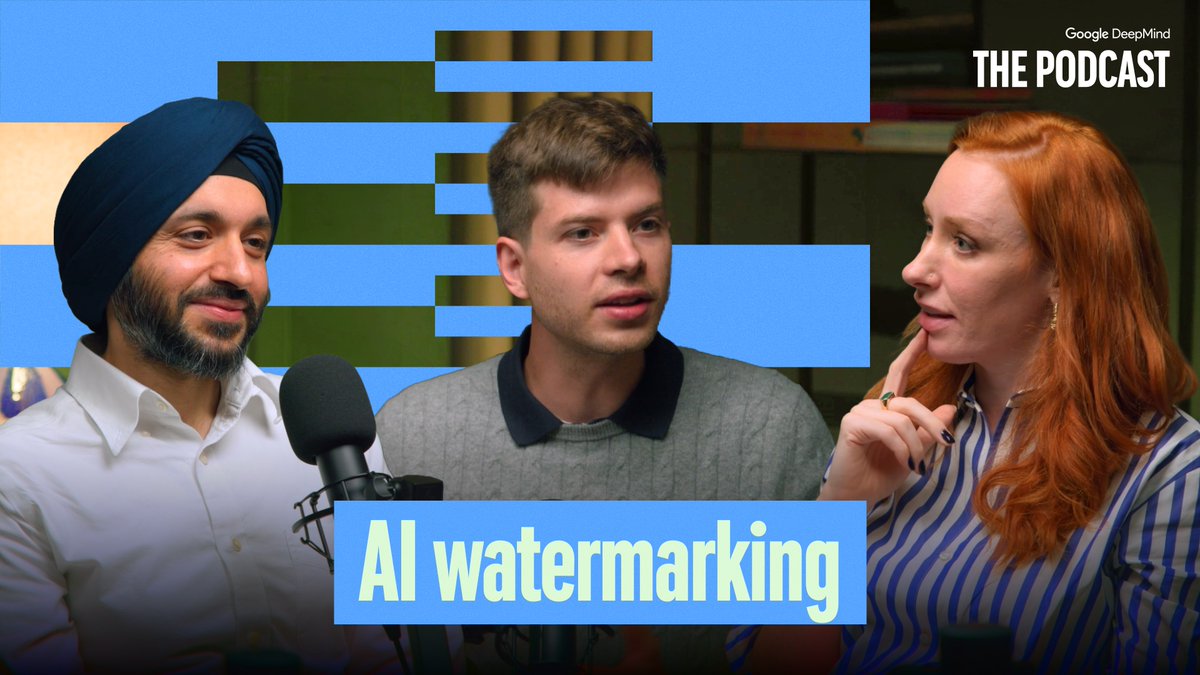 A YouTube thumbnail or podcast cover for 'Google DeepMind: THE PODCAST' about 'AI watermarking', featuring three people including a man wearing a turban.
