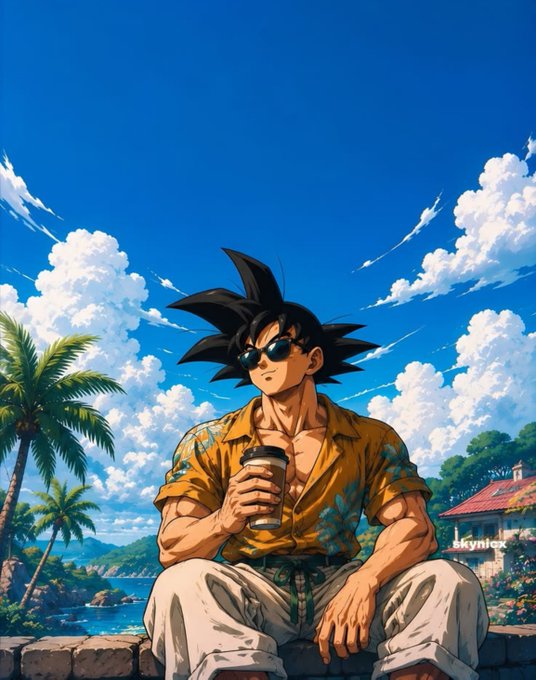 A chill, laid-back Goku in a floral shirt and sunglasses sips a drink against a vibrant tropical backdrop, perfectly matching the post's relaxed TGIF vibe and "still grinding today" sentiment. The watermark "Skyniex" appears on the building to the right.