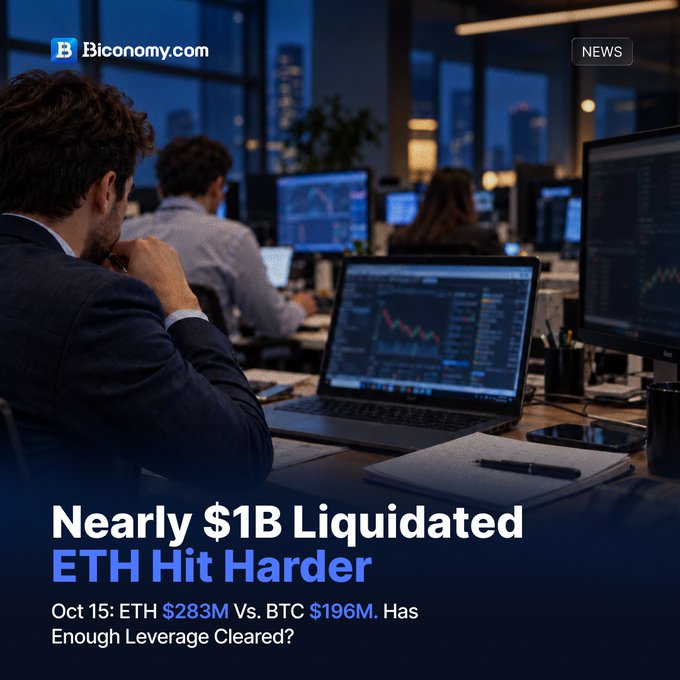 A financial news graphic from Biconomy.com titled 'Nearly $1B Liquidated ETH Hit Harder' reporting October 15 data with ETH $283M vs BTC $196M liquidations.