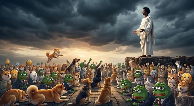 A figure in white robes stands elevated on a rocky outcrop, delivering a sermon to a diverse crowd of Shiba Inu dogs and Pepe the Frog characters, while a single Shiba leaps through the air beneath a dramatic, stormy sky. The meme-themed gathering parodies a religious or prophetic scene, tying into the post's announcement of an $ANSEM airdrop.