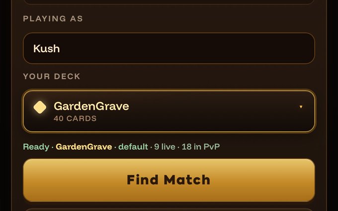 A mobile game matchmaking screen showing player 'Kush' using the 'GardenGrave' deck (40 cards) with a yellow 'Find Match' button below Ready status indicators.