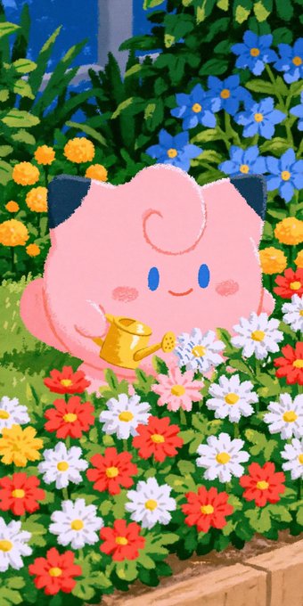 An illustration of Ditto, the pink Pokémon, watering flowers in a garden with a yellow watering can.