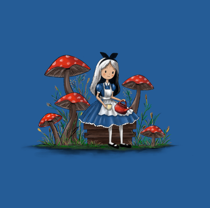 A digital illustration of a pale girl with black and white hair, wearing a blue dress and a black bow, holding a red teapot and standing among large red-and-white spotted mushrooms against a solid blue background.