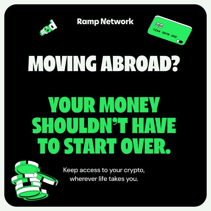 A black promotional graphic for Ramp Network features a green piggy bank, credit card, and coins alongside bold text reading "MOVING ABROAD? YOUR MONEY SHOULDN'T HAVE TO START OVER," with the tagline "Keep access to your crypto, wherever life takes you," directly reinforcing the post's message about seamless cross-border crypto banking.