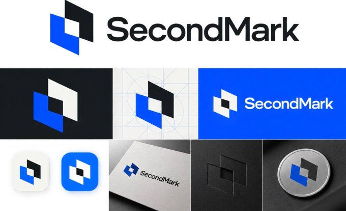 A logo design presentation for "SecondMark" featuring a blue and black geometric icon displayed in various formats including app icons, business cards, and signage mockups.