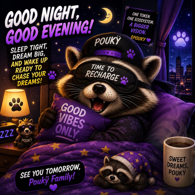 A digital illustration featuring a sleeping raccoon wearing a black cap and an eye mask reading 'TIME TO RECHARGE,' nestled in a purple 'GOOD VIBES ONLY' pillow, with text boxes saying 'GOOD NIGHT, GOOD EVENING! SLEEP TIGHT, DREAM BIG, AND WAKE UP READY TO CHASE YOUR DREAMS!', 'SEE YOU TOMORROW, POUKY FAMILY!', 'ONE TOKEN, ONE ECOSYSTEM, A BIGGER VISION.', and a mug labeled 'SWEET DREAMS, POUKY'.