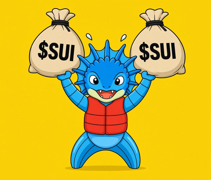A cartoon illustration of a blue axolotl-like character in a red vest lifting two bags labeled "$SUI" against a yellow background.