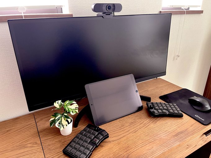 A minimalist desk setup with a wide ultrawide monitor, a tablet on a stand, an ergonomic split mechanical keyboard, a mouse on a mousepad, and a small potted plant, with a webcam mounted on top of the monitor.