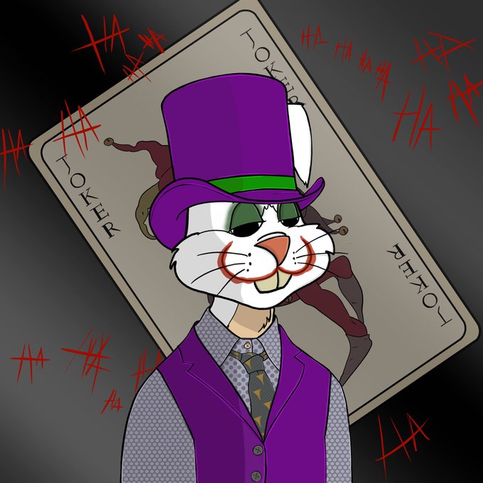 An illustration of Bugs Bunny dressed as the Joker in a purple suit and top hat, standing in front of a Joker playing card with red 'HA HA' text scattered in the background.