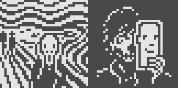 Two pixel-art characters appear in a minimalist black-and-white scene, with one standing in a doorway on the left and another sitting on the ground on the right.