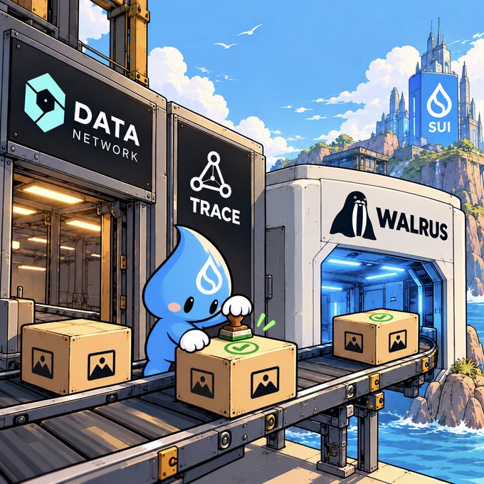 An anime-style illustration showing a blue water drop mascot pressing a green button on a cardboard box at a facility labeled 'DATA NETWORK' and 'TRACE', with a 'WALRUS' sign nearby and a 'SUI' tower in the background.
