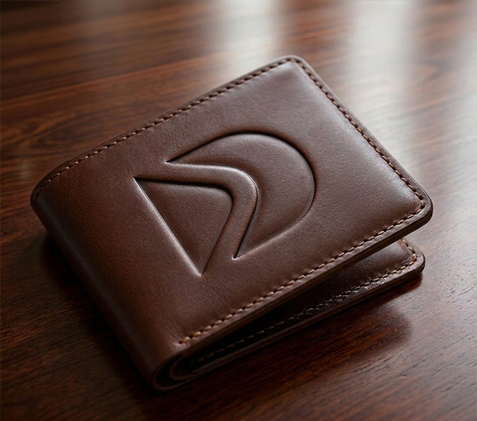 A brown leather bifold wallet with an embossed logo sits on a dark wooden surface.
