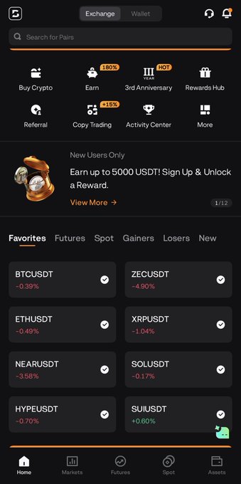 A cryptocurrency exchange app interface showing a dark theme with options like Buy Crypto, Earn, 3rd Anniversary, and Rewards Hub, plus a 'New Users Only' banner offering up to 5000 USDT for signing up. The favorites section displays trading pairs including BTCUSDT (-0.39%), ZECUSDT (-4.90%), ETHUSDT (-0.49%), XRPUSDT (-1.04%), NEARUSDT (-3.58%), SOLUSDT (-0.17%), HYPEUSDT (-0.70%), and SUIUSDT (+0.60%).