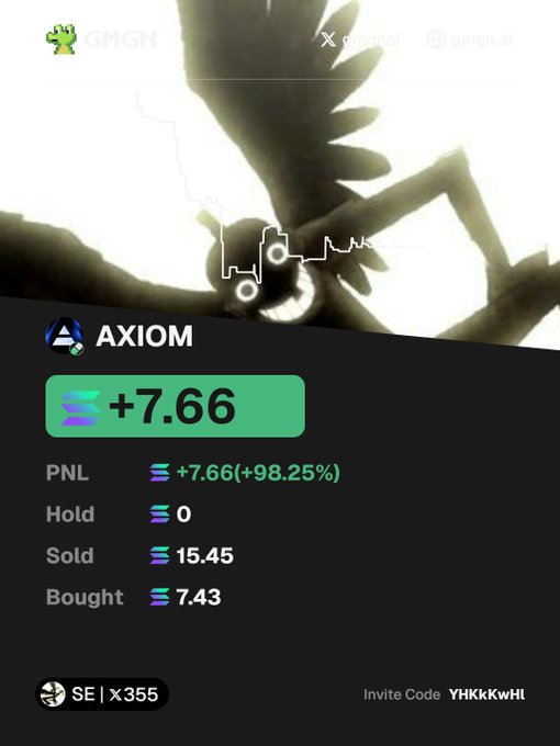 Screenshot of a GMGN trading portfolio showing a token called AXIOM with a profit of +7.66 SOL (+98.25%), PNL details, and an invite code YHKKkWrl.