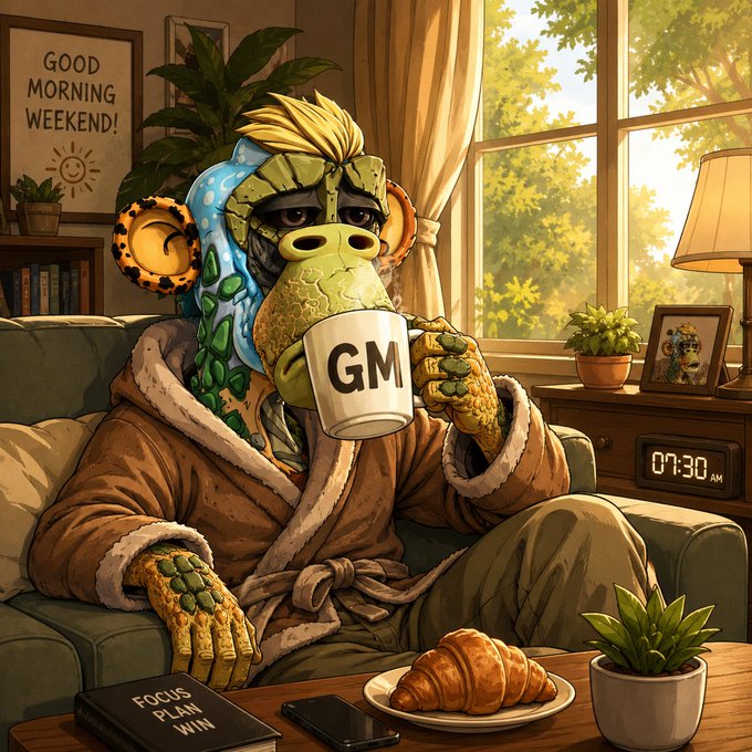 An illustration of an anthropomorphic frog-like character wearing a bathrobe, drinking from a 'GM' mug on a couch, with a 'GOOD MORNING WEEKEND!' sign and a clock showing 07:30 AM.