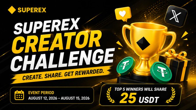 Promotional banner for the SuperEx Creator Challenge announcing a content creation contest running August 12–15, 2026, where the top 5 winners will share a 25 USDT prize pool, featuring a golden trophy and SuperEx tokens alongside the "Create. Share. Get Rewarded." tagline.