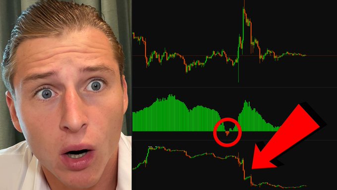 A split image showing a shocked young man on the left and a stock trading chart with green volume bars, candlesticks, and a red arrow pointing downward to a price drop.