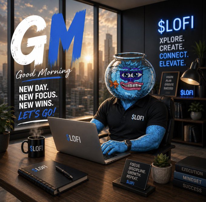 A blue furry character wearing a black '$LOFI' polo shirt works on a laptop in a sunlit office, with motivational text including 'GM Good Morning - NEW DAY. NEW FOCUS. NEW WINS. LET'S GO!' and '$LOFI XPLORE. CREATE. CONNECT. ELEVATE.'