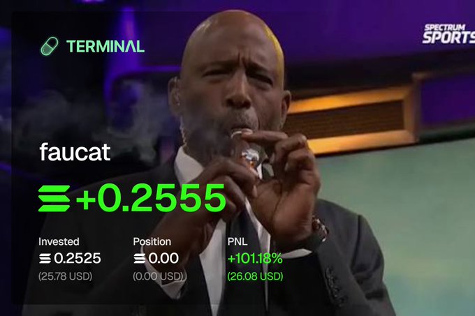 A sports broadcast features a man in a suit lighting a cigar, overlaid with financial stats: 'faucat +0.2555', 'Invested Ξ0.2525 (25.78 USD)', 'Position Ξ0.00 (0.00 USD)', 'PNL +101.18% (26.08 USD)' under 'TERMINAL' with a 'SPECTRUM SPORTS' logo.