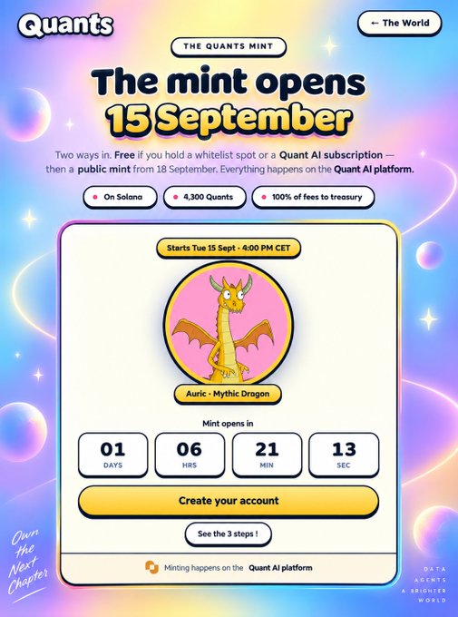 Promotional graphic for 'Quants' mint opening on 15 September on Solana, featuring a 'Auric - Mythic Dragon' NFT with a countdown timer of 01 days, 06 hours, 21 minutes, 13 seconds. Highlights include 'On Solana', '4,300 Quants', and '100% of fees to treasury'.