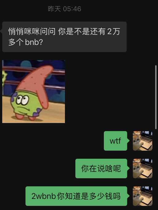 A late-night WeChat conversation shows a friend asking "悄悄咪咪问问 你是不是还有2万多个bnb?" (Secretly asking, do you still have over 20,000 BNB?) with a confused Patrick Star meme, to which the recipient responds with shock: "wtf," "你在说啥呢" (What are you talking about?), and "2wbnb你知道是多少钱吗" (Do you know how much 20,000 BNB is worth?). The humorous exchange captures the absurdity of a friend mistakenly reaching out about a huge crypto amount worth tens of millions of dollars.