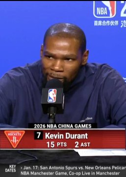 Kevin Durant speaks at a press conference during the 2026 NBA China Games, with on-screen graphics noting his 15 points and 2 assists in the game. The image complements the post, which highlights his appreciation for the MVP chants from fans in China, contrasting with his comment about feeling underappreciated by some fans back home.
