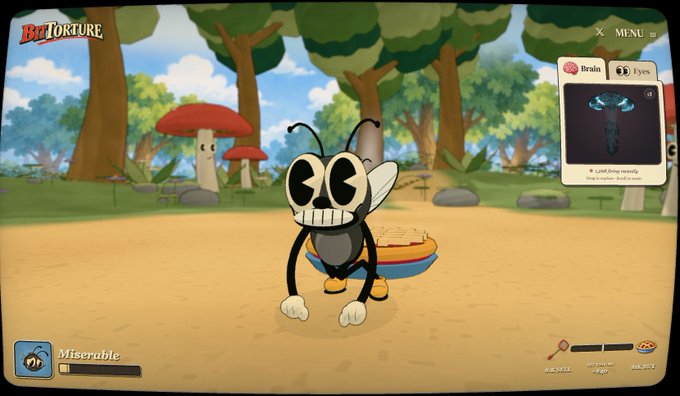 A screenshot from a game called 'BUTTORTURE' showing an animated mosquito character in a forest setting, with a 'Miserable' status bar, Brain and Eyes inventory tabs showing a mosquito, and stats for strength and luck.