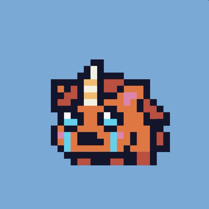 A pixel art image of an orange creature crying blue tears with a small white horn, set against a blue background.