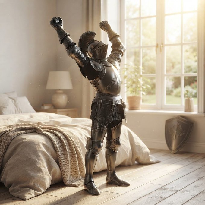 A full suit of medieval armor stands in a sunlit bedroom with arms raised triumphantly, while a shield rests on the floor nearby.
