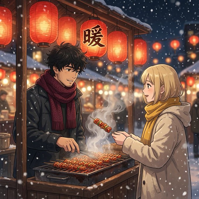 An anime-style illustration depicts a man grilling meat skewers at a winter festival stall adorned with red lanterns, one bearing the Chinese character "暖" (warmth), as a blonde woman in a yellow scarf watches and holds a skewer in falling snow.