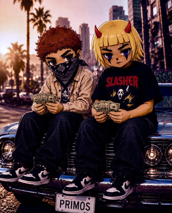 Two anime-style characters sit on the hood of a car holding cash; one wears a bandana, the other has devil horns and a 'SLASHER' shirt, with a license plate reading 'PRIMOS'.