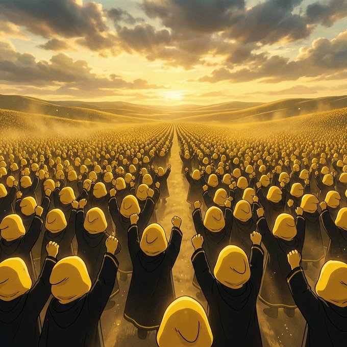 A surreal illustration showing a massive crowd of identical figures wearing dark robes and golden/yellow smiling masks, standing in formation across a vast landscape at sunset with arms raised toward a central path.