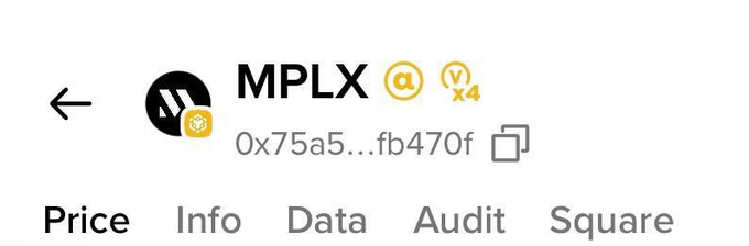A screenshot from the Binance wallet app shows the token page for "MPLX" (contract address 0x75a5...fb470f) with a 4x Alpha point boost badge displayed next to the token name, directly corresponding to the post's mention of Binance offering a 4x alpha point boost on MPLX trading.