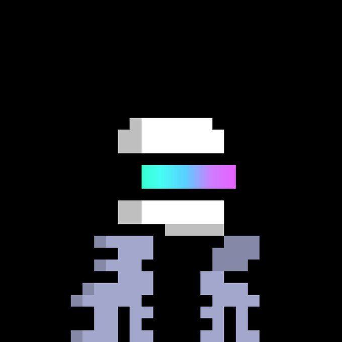 A pixel art image on a black background showing a stylized figure with a white hat and body, featuring a colorful gradient bar (cyan, purple, pink) across the middle.