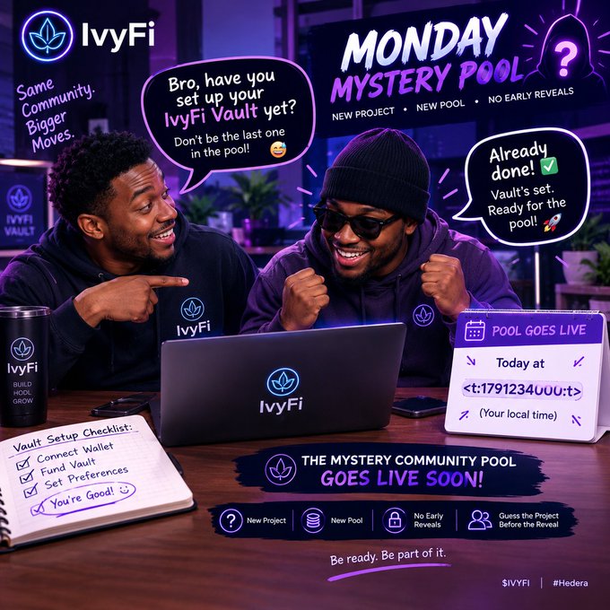 A promotional graphic for IvyFi's community mystery pool launch, depicting two men excited about the new pool with a checklist showing wallet connection, vault setup, and preferences configured.