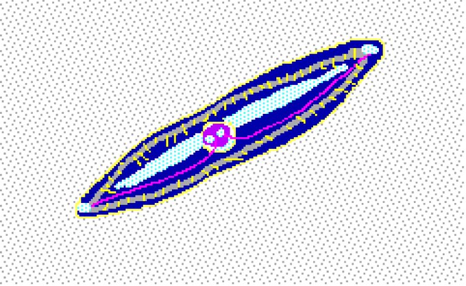 A pixel art illustration of a futuristic, elongated blue and yellow spacecraft with a purple circular emblem, set against a white grid background.