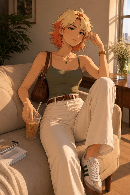 An anime-style illustration of a woman with short blonde and orange hair, wearing a green tank top and white pants, lounging on a couch with an iced drink.