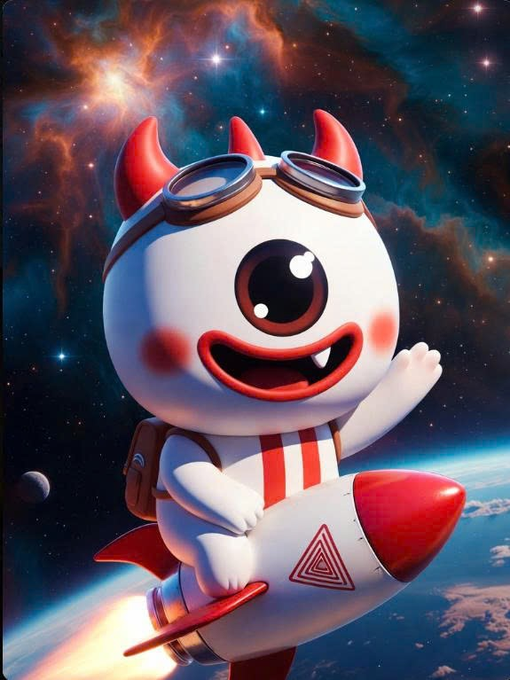 The image features a cartoon character with red hair and white face, wearing a backpack and goggles while riding a rocket ship through space. The character appears to be waving at the viewer, creating a sense of connection between the viewer and the cartoon character. The background is filled with stars and planets, emphasizing the theme of space travel and adventure.