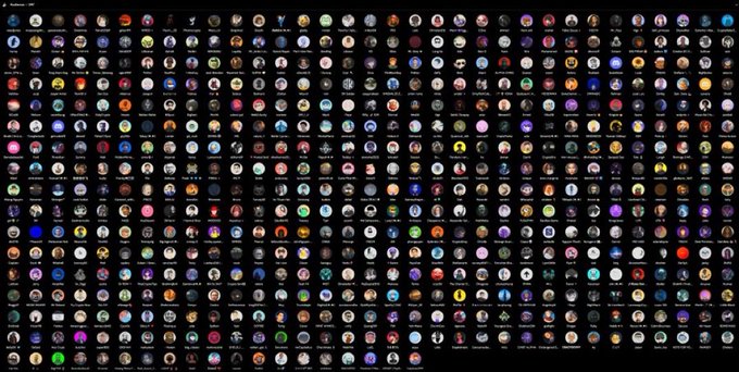 A large grid displaying hundreds of circular character icons arranged in rows and columns on a dark background.