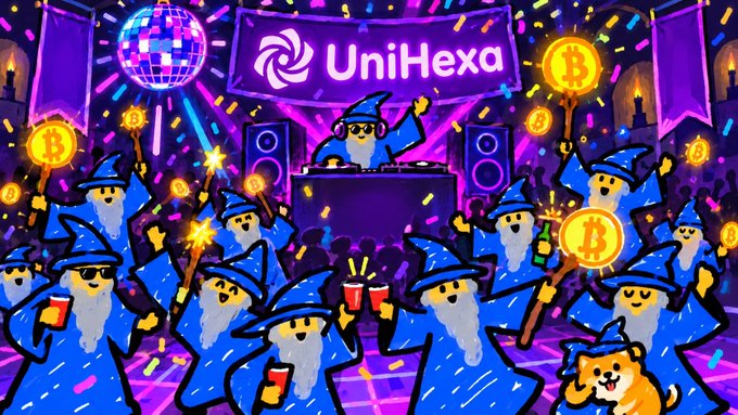 A vibrant, cartoon-style illustration depicts a lively party scene filled with dancing wizard characters, a DJ, a disco ball, and Bitcoin logos, with the "UniHexa" banner prominently displayed at the top. The image ties into the post by celebrating UniHexa, the liquidity market for Bitcoin native assets, with the energetic atmosphere visually reinforcing the excitement of their Task Campaign giveaway.
