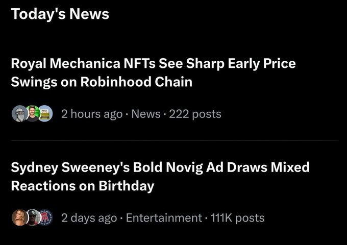 A "Today's News" section displays two trending topics: "Royal Mechanica NFTs See Sharp Early Price Swings on Robinhood Chain" (222 posts) and "Sydney Sweeney's Bold Novig Ad Draws Mixed Reactions on Birthday" (111K posts), confirming that Royal Mechanica and Sydney Sweeney are indeed trending on X as referenced in the accompanying post.