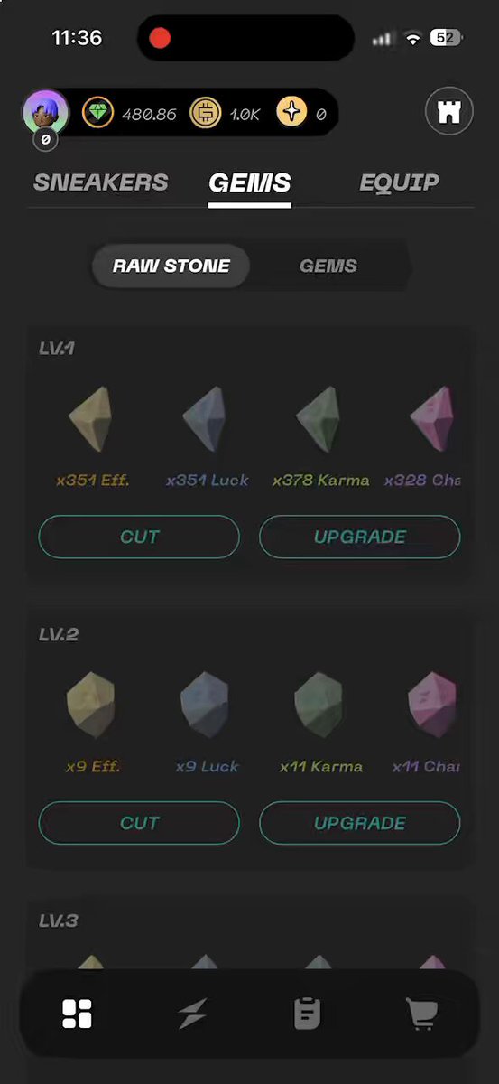 The image shows a black smartphone screen displaying an app called "Stepn Go" with a list of upgrades available for raw stone. The app has a rating system, indicating that it's a gem-related game or activity. The user interface is simple and straightforward, with a focus on the main goal of keeping the streak alive until rare sneakers make their appearance in the game.