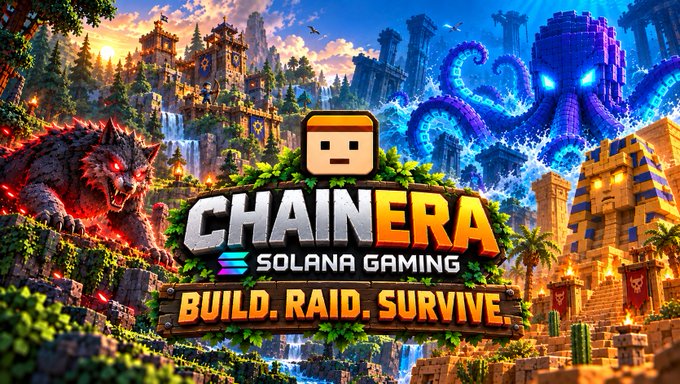 Promotional graphic for 'CHAINERA SOLANA GAMING' with the tagline 'BUILD. RAID. SURVIVE', featuring a pixelated character logo over a fantasy landscape with creatures and structures.